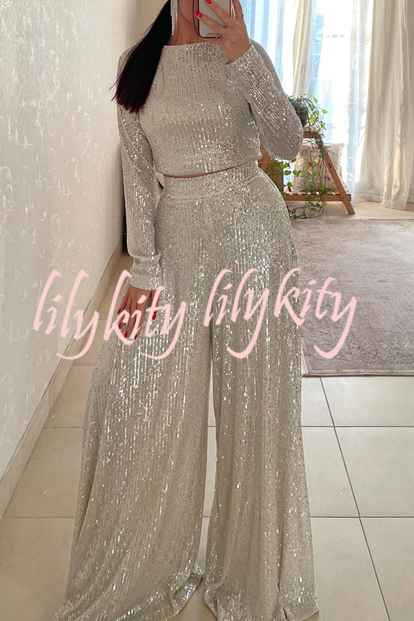 Fashionable Shiny Sequined Long-Sleeved Cropped Top and Casual Wide-Leg Pants Set
