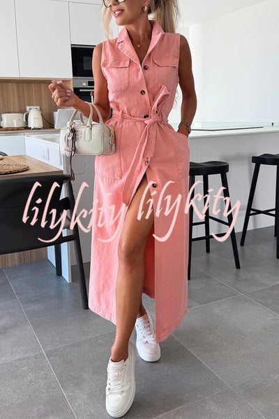 Solid Color Sleeveless Single Breasted Waist Tie Casual Pocket Denim Midi Dress