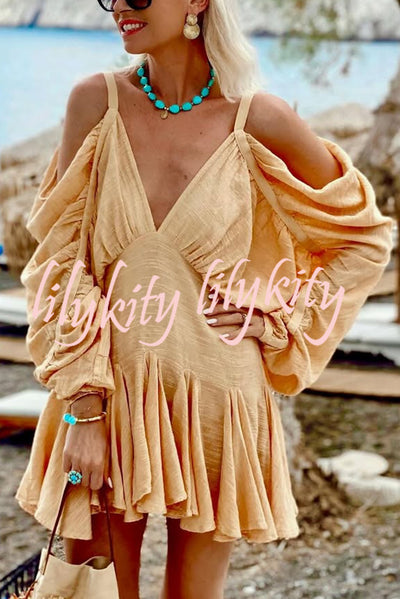 Anita Cold Shoulder Ruched Balloon Sleeve Pleated Hem Loose Mini Dress