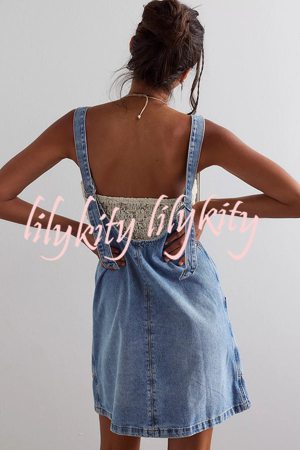 Solid Color Sleeveless V-neck Pocket Adjustable Denim Suspender Mini Dress