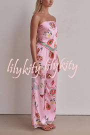 Linen Blend Unique Printed Bandeau Top and Elastic Waist Pocket Pants Set