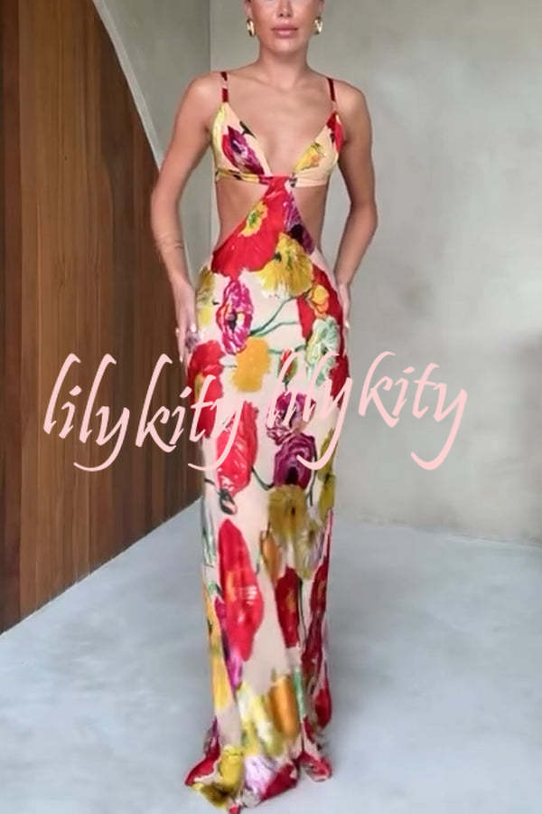 Hawaiian Dreams Satin Floral Print Cutout Backless Maxi Dress