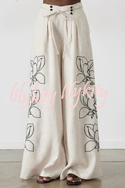 Elaina Linen Blend Floral Print Button Pocketed Wide Leg Palazzo Pant