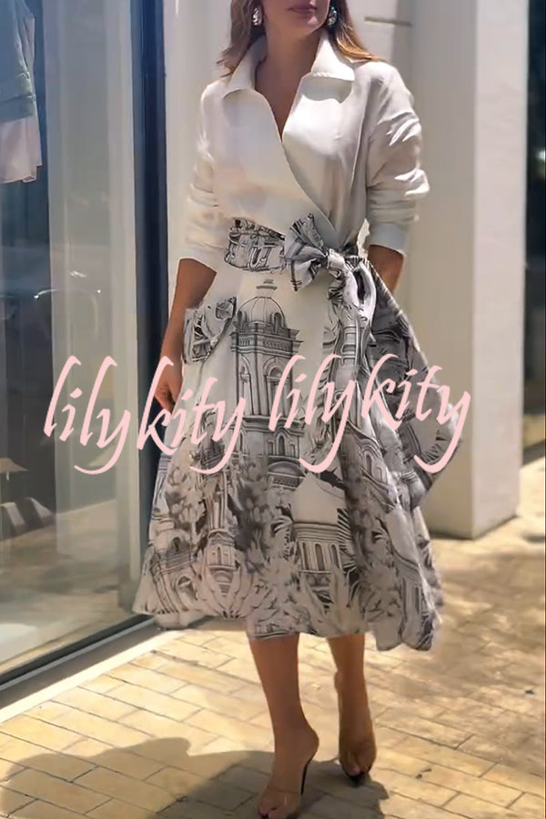 Jiles Linen Blend Unique Contrast Print Long Sleeve Tie-up Pocket Shirt Midi Dress