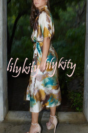 Cityscape Moment Satin Tie Dye Print Half Sleeve Wrap Midi Dress