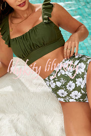 Botanical Print Ruffled Two-piece Stretch Bikini Swimsuit