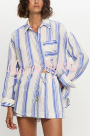 Stripe Print Lapel Long-sleeved Casual Shirt and Elastic Waist Loose Shorts Set
