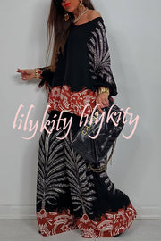 Unique Print Loose Drawstring Long Sleeve Top and Elastic Waist Casual Pocket Wide Leg Pants Set