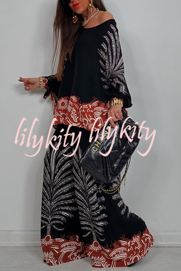 Unique Print Loose Drawstring Long Sleeve Top and Elastic Waist Casual Pocket Wide Leg Pants Set