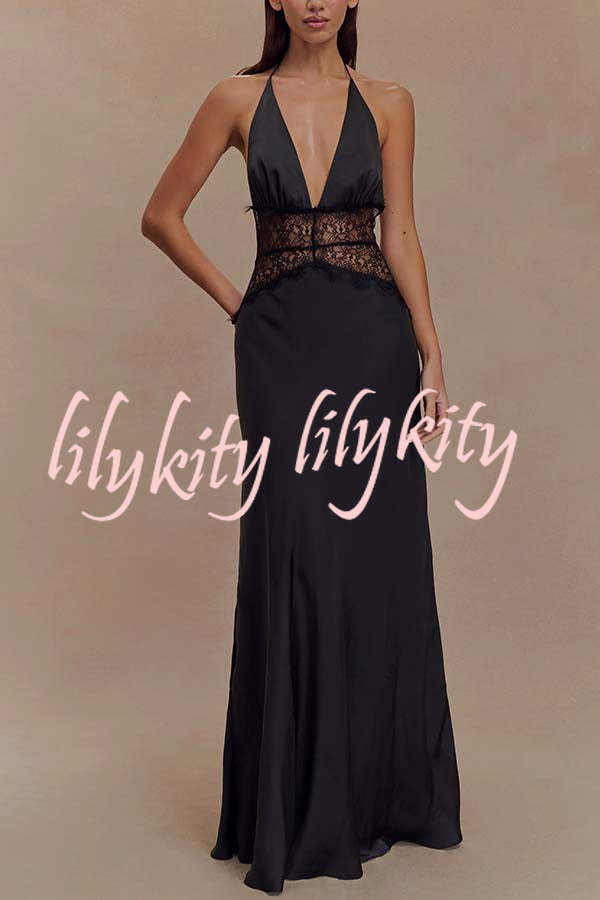 Seductive Details Satin Lace Waist Halter Tie-up Backless Maxi Dress