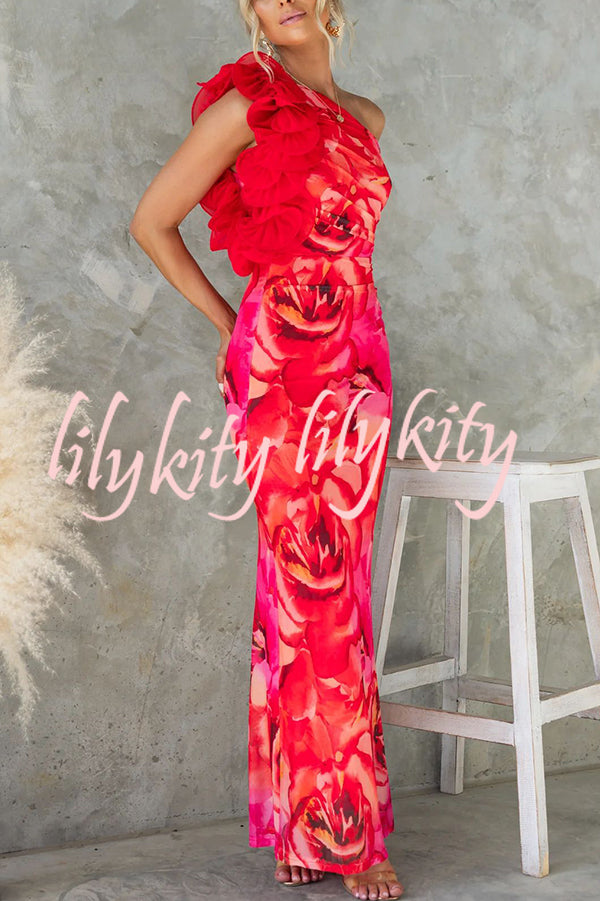 Floral Print Sleeveless 3D Flower One Shoulder Slim Maxi Dress
