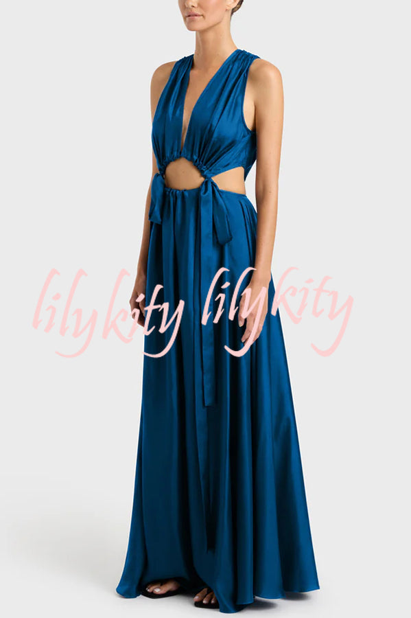 Midnight Charm Satin Ruched Cutout Tie-up Maxi Dress