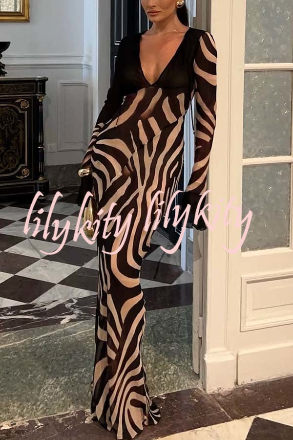 City Night Chiffon Colorblock Animal Print Tie-up Long Sleeve Maxi Dress