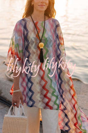 Sun Washed Knit Colorful Zigzag Pattern Asymmetric Hem Loose Cover-ups Kaftan