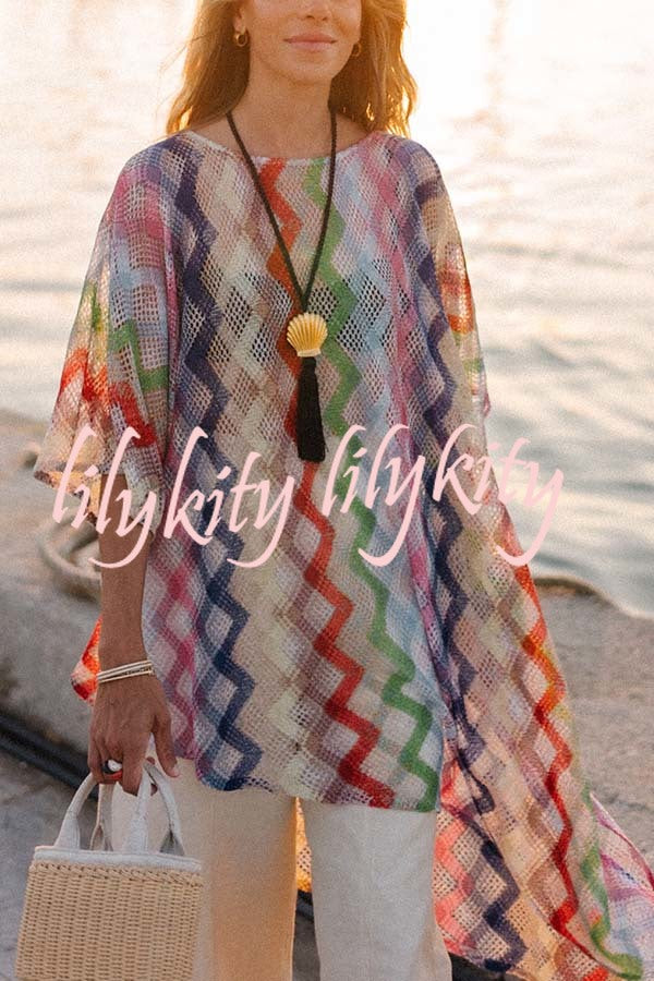 Sun Washed Knit Colorful Zigzag Pattern Asymmetric Hem Loose Cover-ups Kaftan