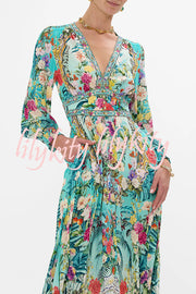 Fairy Tale Print V-Neck Lantern Sleeve Waist Maxi Dress
