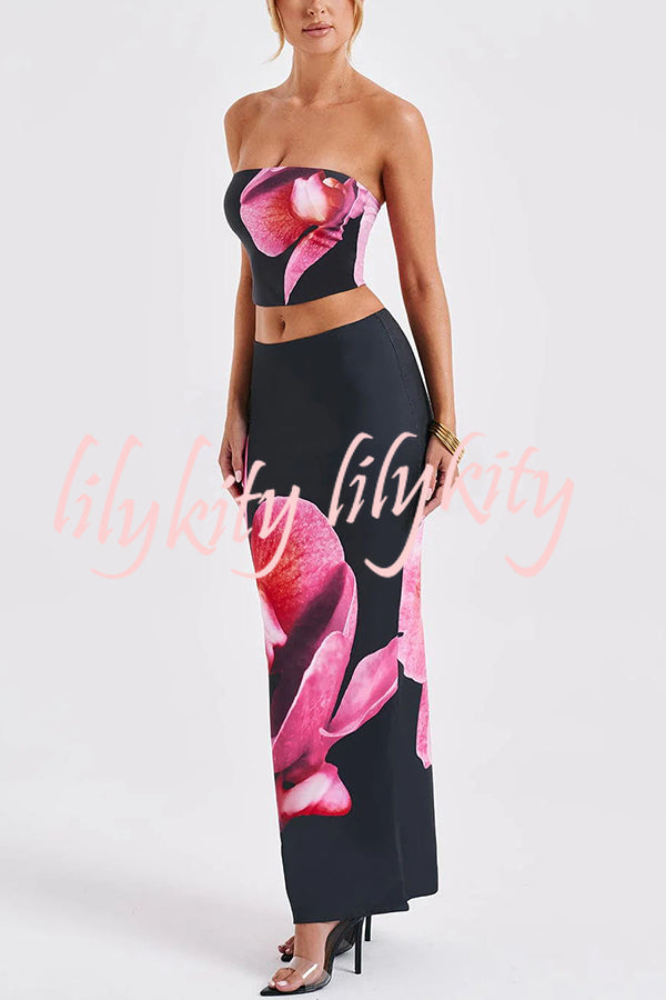 Allegra Abstract Floral Print Stretch Strapless Tank and Elastic Waist Maxi Skirt Set