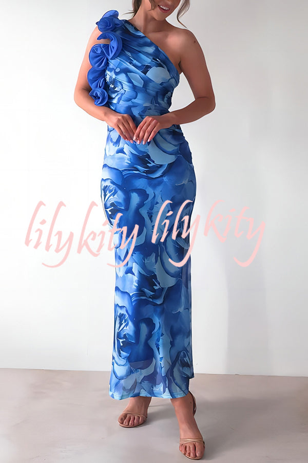 Floral Print Sleeveless 3D Flower One Shoulder Slim Maxi Dress