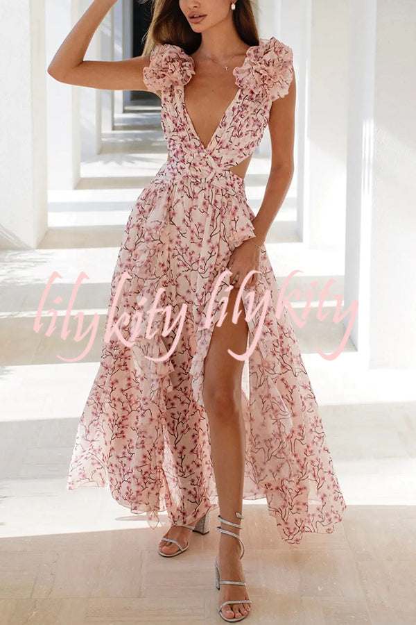 Lost in The Melody Chiffon Printed Flutter Sleeve Cutout Back Lace-up Maxi Dress