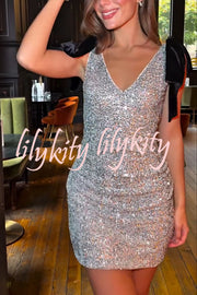 Sparkle and Elegance Sequin Velvet Bow Strap Detail V-neck Mini Dress