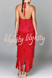 Sexy Halterneck Backless Elegant Fringe Maxi Dress