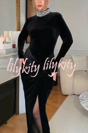 Love Lost Velvet Embellished High Neck Long Sleeve Twist Slit Maxi Dress