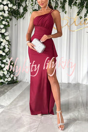 Party Love One Shoulder Ruched Waist Ruffle Slit Maxi Dress