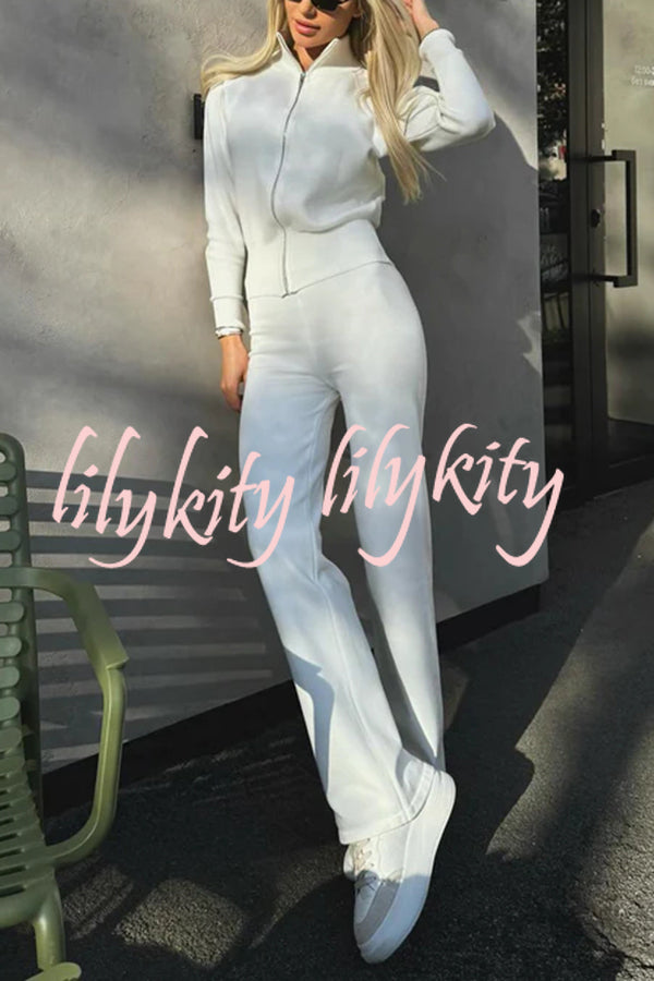 Cozycore Knit Zipper Long Sleeve Cardigan and Stretch Wide Leg Pants Set