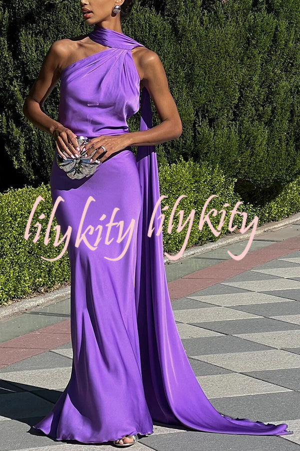 Crush on You Satin One Shoulder Backless Cape Maxi Dress