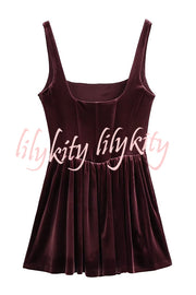 Solid Velvet Square Neck Slim Fit Mini Dress