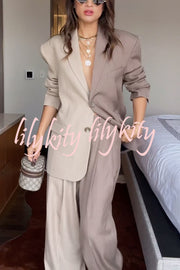 Girl Boss Avant-garde Contrast Colors Lapel Boyfriend Blazer and Pocketed Wide Leg Pants Set