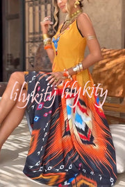 Unique Printed Suspender V-neck Loose Maxi Dress