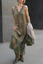 Luxury Winter Satin Lace Trim V-neck Sleeveless H-line Maxi Dress