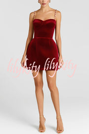 Harley Luxurious Velvet Fabric Jewel-embellished Shoulder Straps Pocket Tulip Mini Dress