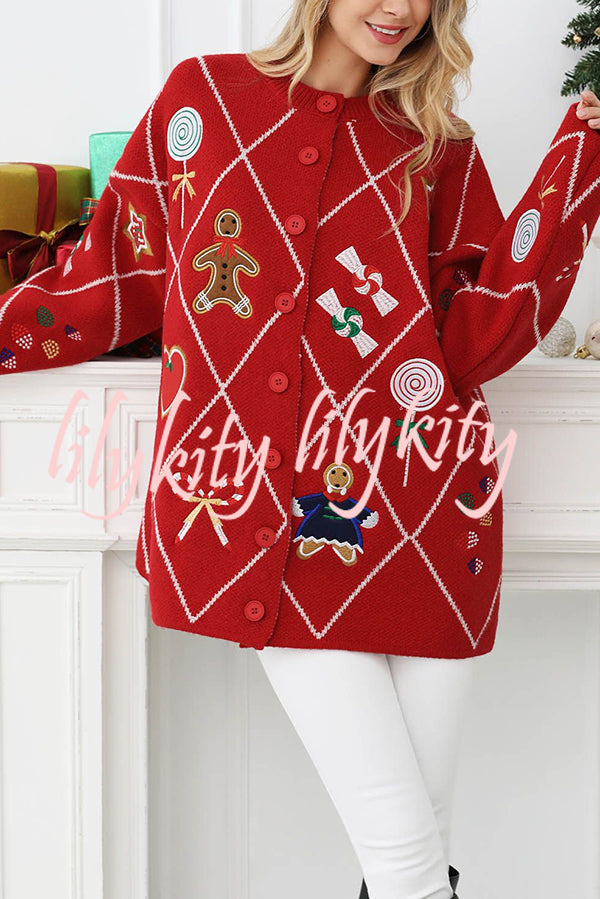 Argyle Candy Gingerbread Man Embroidered Button-knit Cardigan