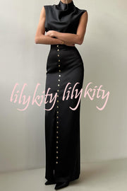 Solid Color Casual Sleeveless Crop Top and Elegant Button-down Maxi Skirt Set