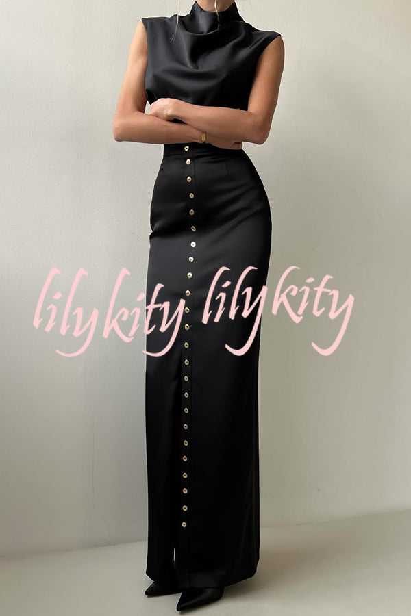 Solid Color Casual Sleeveless Crop Top and Elegant Button-down Maxi Skirt Set