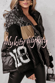 Stylish Denim Knit Long-sleeved Patchwork Hooded Pocket Thickened Jacket