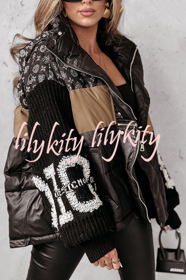 Stylish Denim Knit Long-sleeved Patchwork Hooded Pocket Thickened Jacket