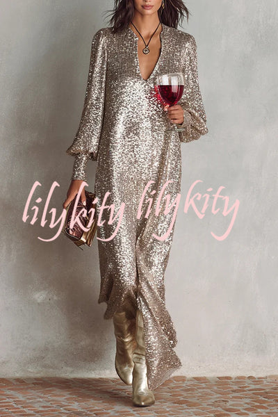 Minimalist Sparkling Sequin V-neck Long Balloon Sleeve Slit Party Maxi Dress