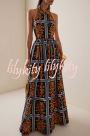 Floral Print Sexy Halter Neck Backless Elegant Maxi Dress