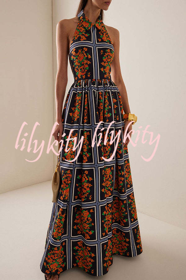 Floral Print Sexy Halter Neck Backless Elegant Maxi Dress