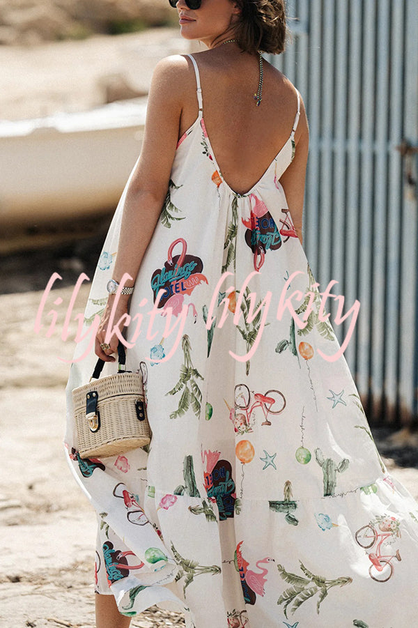 Summer Fashion Unique Print Round Neck Suspender Backless Midi Dress