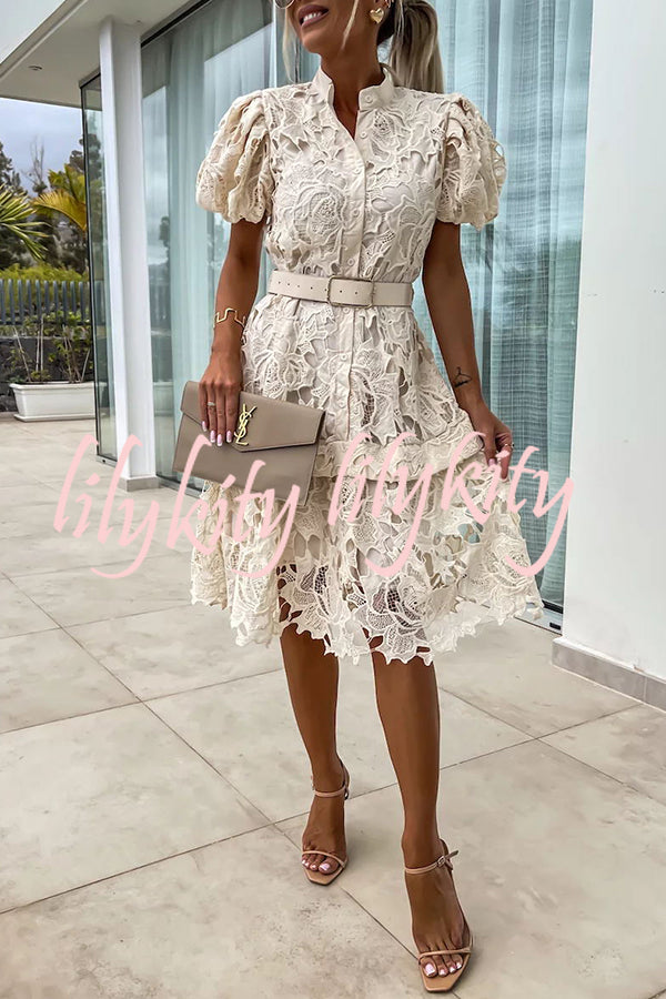 Absolutely Elegant Floral Crochet Lace Puff Sleeve Belted Shirt Midi Dress