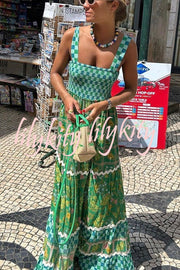 Yolanda Ric Rac Trims Unique Print Smocked Bust Back Lace-up Maxi Dress