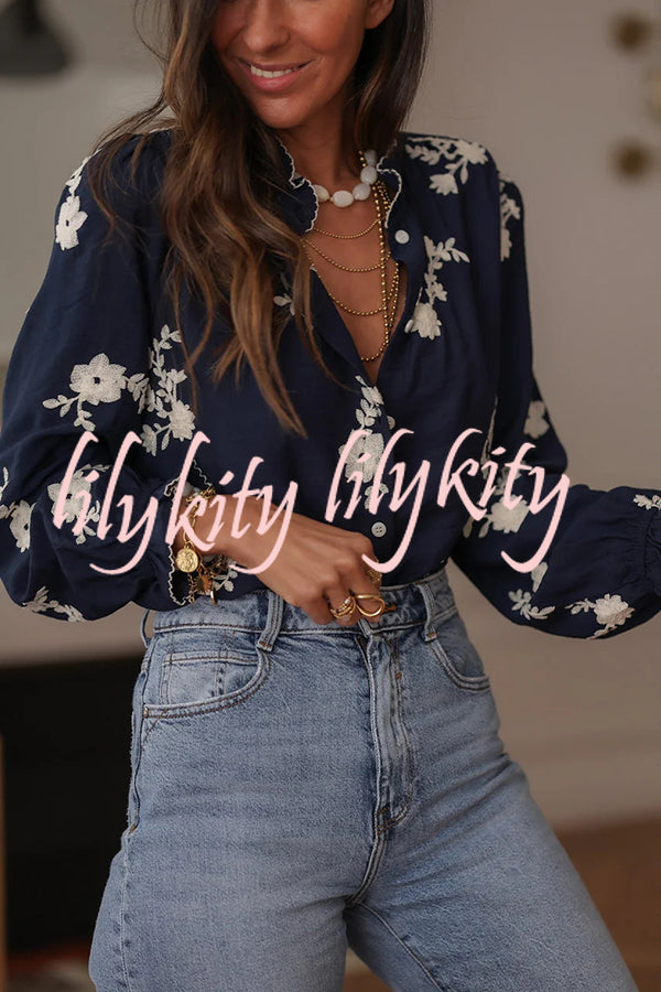 Floral Embroidery Long-Sleeved Button-Up Elegant Shirt