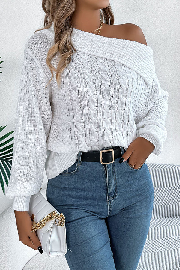 Solid Color Casual One Shoulder Long Sleeve Knitted Sweater