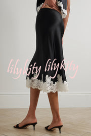 Celebration Look Contrast Color Satin Lace Trim Elastic Waist Drape Midi Skirt