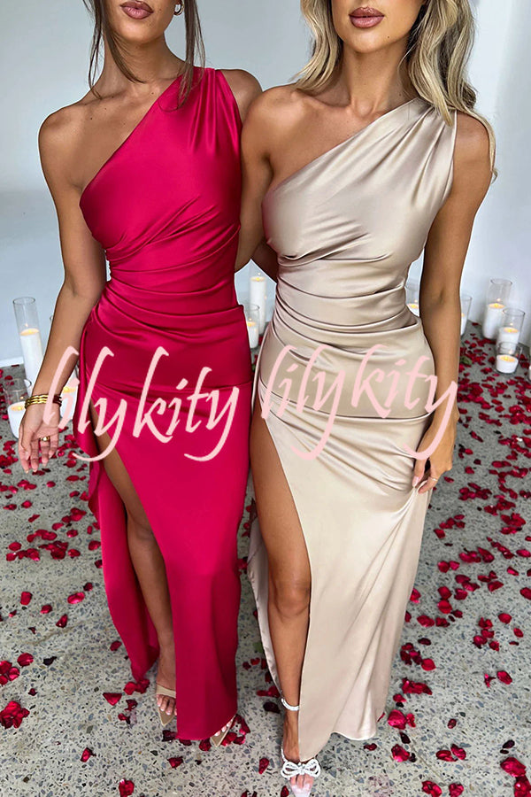 Fits Your Curves Satin One Shoulder Drape Slit Maxi Dress