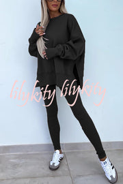 Solid Color Loose Long Sleeve SlitSweatshirt and Elastic Waist Tight Pants Set